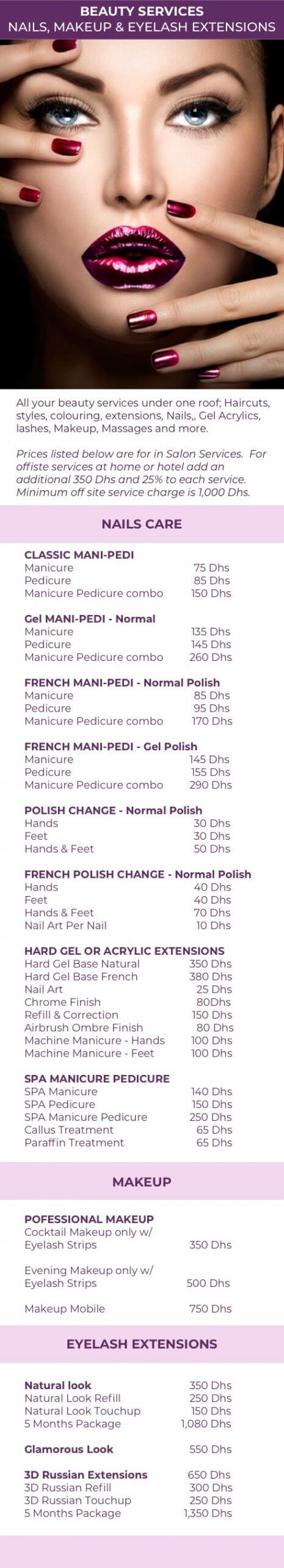 Machka Beauty & Body Design Nail Salon Dubai Nail Care service menu pricing - Nail color mani pedi, Gell, nail extensions nails art, Gellish, Eyelash extensions, Natural lash extensions, professional makeup and more